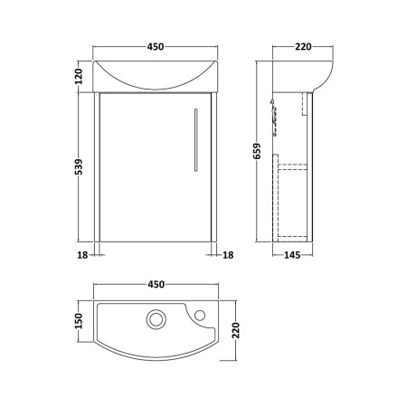 JNU2661 Hudson Reed Juno Compact Wall Hung 440mm Metallic Slate Cabinet and Basin Line Drawing