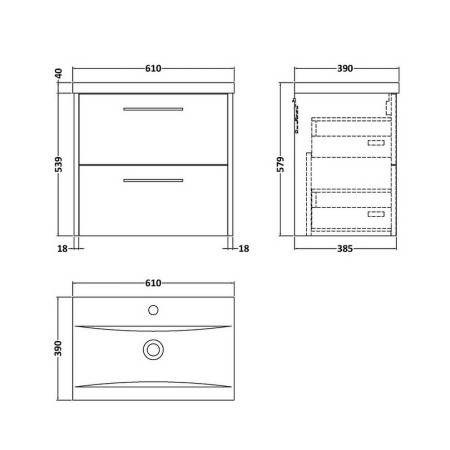 JNU2624 Hudson Reed Juno Double Drawer 600mm Vanity Unit Metallic Slate Line Drawing