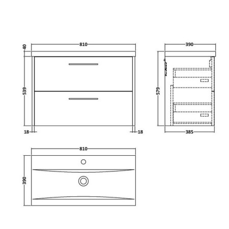 JNU2626 Hudson Reed Juno Double Drawer 800mm Vanity Unit Metallic Slate Line Drawing