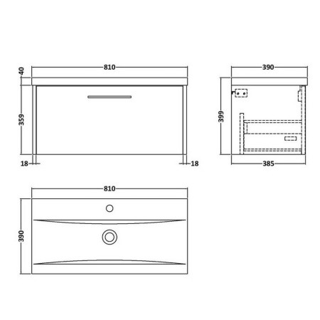 JNU2625 Hudson Reed Juno Drawer 800mm Vanity Unit Metallic Slate Line Drawing
