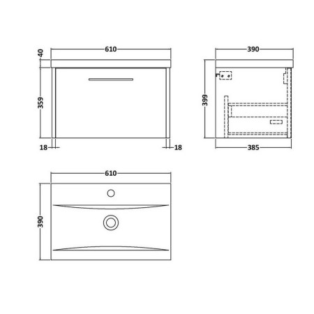 JNU2622 Hudson Reed Juno Drawer 600mm Vanity Unit Metallic Slate Line Drawing