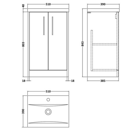JNU2901 Hudson Reed Juno Midnight Blue 500mm Vanity Unit Line Drawing