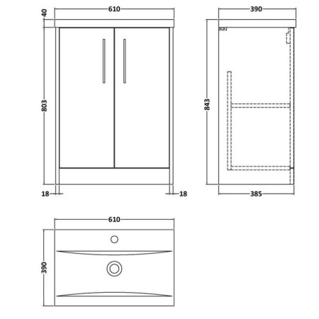 JNU2903 Hudson Reed Juno Midnight Blue 600mm Vanity Unit Line Drawing