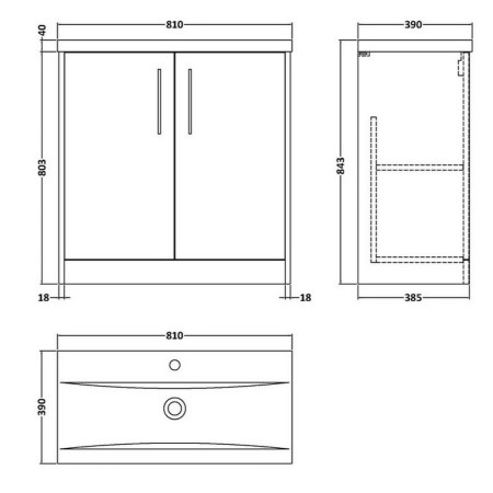 JNU2905 Hudson Reed Juno Midnight Blue 800mm Vanity Unit Line Drawing