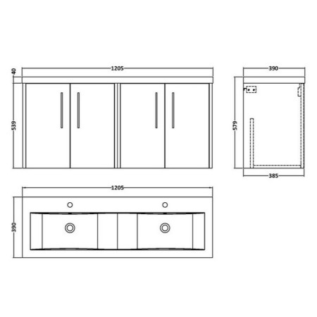 JNU2923 Hudson Reed Juno Midnight Blue Wall Hung 1200mm Twin Vanity Unit Line Drawing