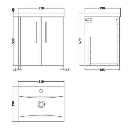 JNU2921 Hudson Reed Juno Midnight Blue Wall Hung 500mm Vanity Unit Line Drawing
