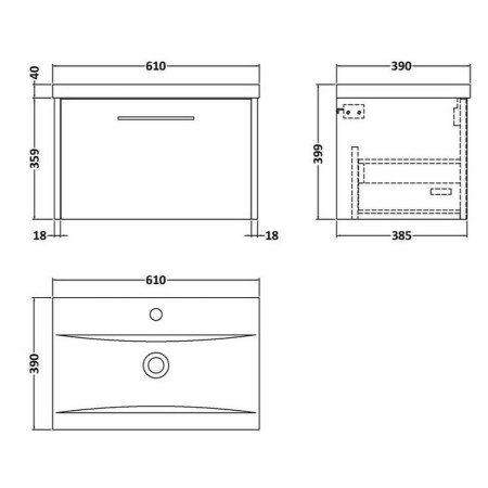 JNU2922 Hudson Reed Juno Midnight Blue Wall Hung 600mm One Drawer Vanity Unit Line Drawing