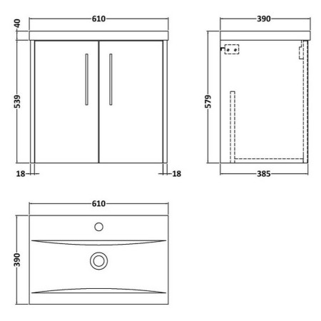 JNU2923 Hudson Reed Juno Midnight Blue Wall Hung 600mm Two Door Vanity Unit Line Drawing