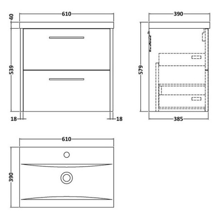 JNU2924 Hudson Reed Juno Midnight Blue Wall Hung 600mm Two Drawer Vanity Unit Line Drawing