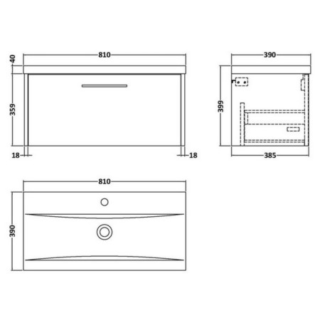 JNU2925 Hudson Reed Juno Midnight Blue Wall Hung 800mm One Drawer Vanity Unit Line Drawing