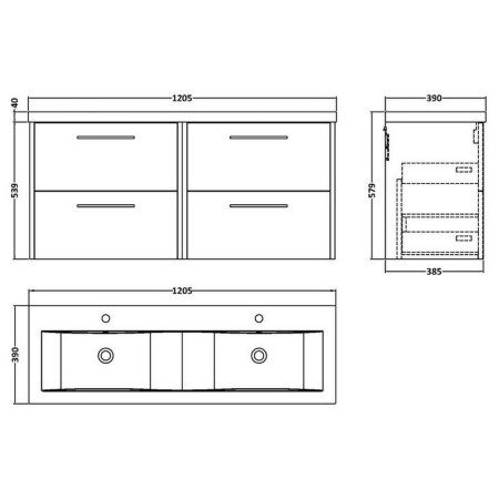 JNU2924 Hudson Reed Juno Midnight Blue Wall Hung Four Drawer 1200mm Vanity Unit Line Drawing