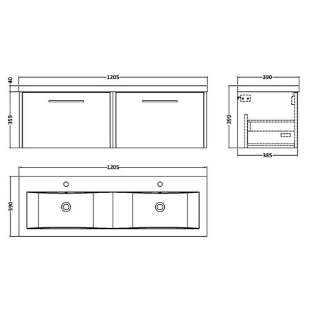 JNU2922 Hudson Reed Juno Midnight Blue Wall Hung Two Drawer 1200mm Vanity Unit Line Drawing