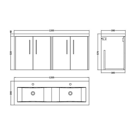 JNU2623 Hudson Reed Juno Wall Hung 1200mm Twin Cabinet and Basin Metallic Slate Line Drawing