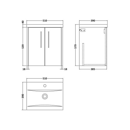 JNU2621 Hudson Reed Juno Wall Hung 500mm Cabinet and Basin Metallic Slate Line Drawing
