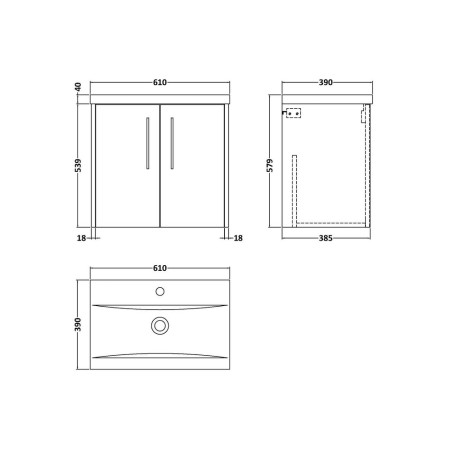 JNU2623 Hudson Reed Juno Wall Hung 600mm Vanity Unit Metallic Slate Line Drawing