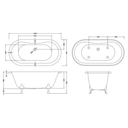 RL1501 Hudson Reed Kingsbury Double Ended Freestanding Bath 1500mm Line Drawing
