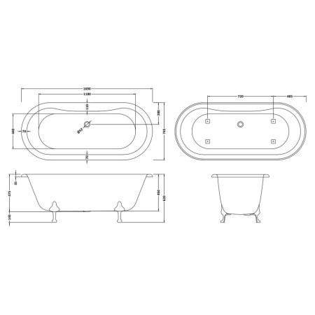 RL1705 Hudson Reed Kingsbury Double Ended Freestanding Bath 1700mm Line Drawing