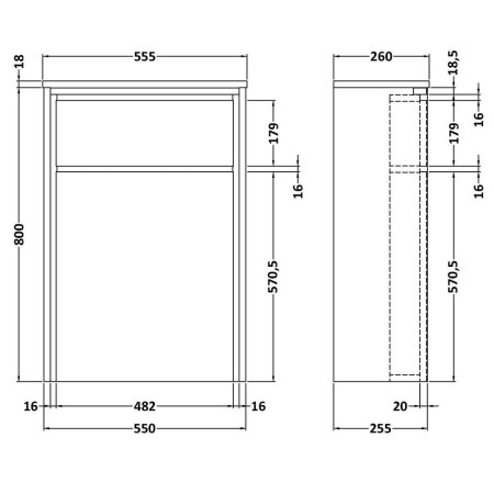 NFF2341 Hudson Reed Lille Coastal Grey 550mm WC Unit Line Drawing