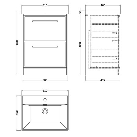 LIL2333 Hudson Reed Lille Coastal Grey 600mm Floorstanding Vanity Unit Line Drawing