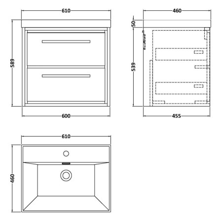LIL2324 Hudson Reed Lille Coastal Grey 600mm Wall Hung Double Drawer Vanity Unit Line Drawing