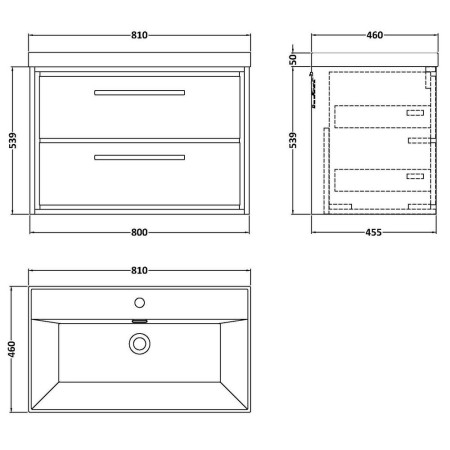 LIL2326 Hudson Reed Lille Coastal Grey 800mm Wall Hung Double Drawer Vanity Unit Line Drawing