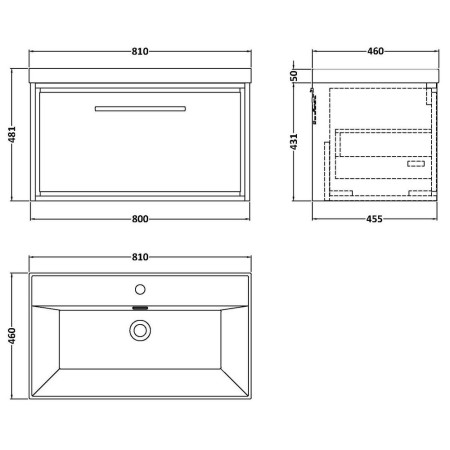 LIL2325 Hudson Reed Lille Coastal Grey 800mm Wall Hung Single Drawer Vanity Unit Line Drawing