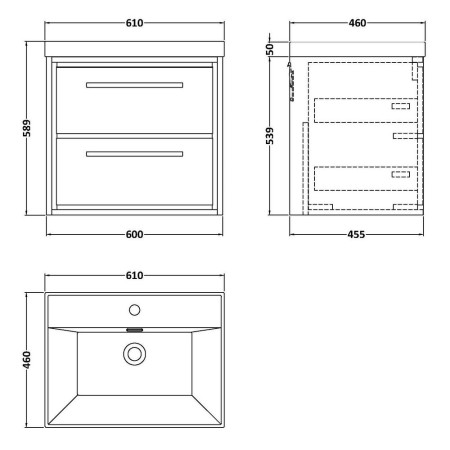 LIL3124 Hudson Reed Lille Fern Green 600mm Wall Hung Double Drawer Vanity Unit Line Drawing