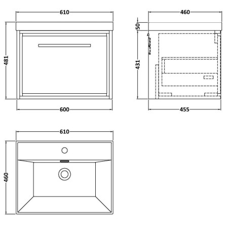 LIL3122 Hudson Reed Lille Fern Green 600mm Wall Hung Single Drawer Vanity Unit Line Drawing