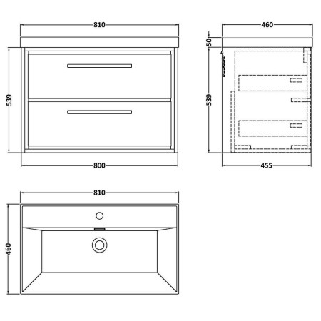 LIL3126 Hudson Reed Lille Fern Green 800mm Wall Hung Double Drawer Vanity Unit Line Drawing
