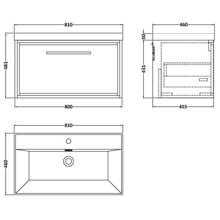 LIL3125 Hudson Reed Lille Fern Green 800mm Wall Hung Single Drawer Vanity Unit Line Drawing