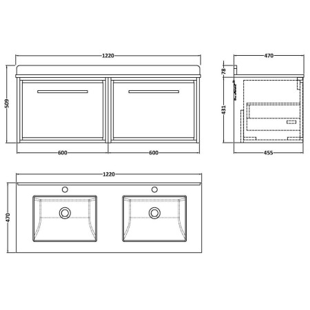 LIL2722WS2 Hudson Reed Lille Antique Oak 1200mm Wall Hung Double Drawer Vanity Unit Line Drawing
