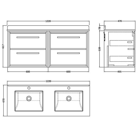 LIL2224WS2 Hudson Reed Lille Graphite Grey 1200mm Wall Hung Four Drawer Vanity Unit Line Drawing
