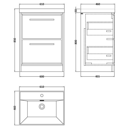 LIL2733E Hudson Reed Lille Antique Oak 600mm Floorstanding Vanity Unit Line Drawing