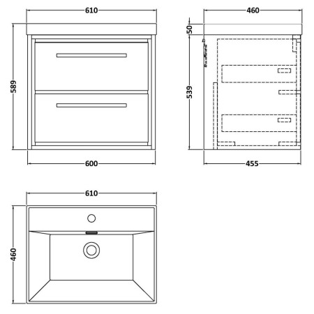 LIL2724E Hudson Reed Lille Antique Oak 600mm Wall Hung Double Drawer Vanity Unit Line Drawing