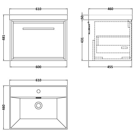 LIL2222E Hudson Reed Lille Graphite Grey 600mm Wall Hung Single Drawer Vanity Unit Line Drawing
