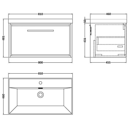 LIL3025E Hudson Reed Lille Bleached Oak 800mm Wall Hung Single Drawer Vanity Unit Line Drawing