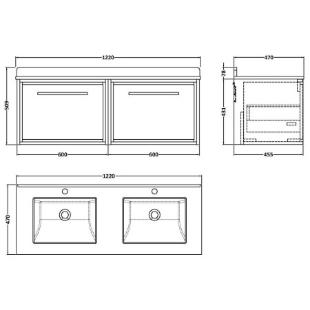 LIL3222WS2 Hudson Reed Lille Pebble Grey 1200mm Wall Hung Double Drawer Vanity Unit Line Drawing