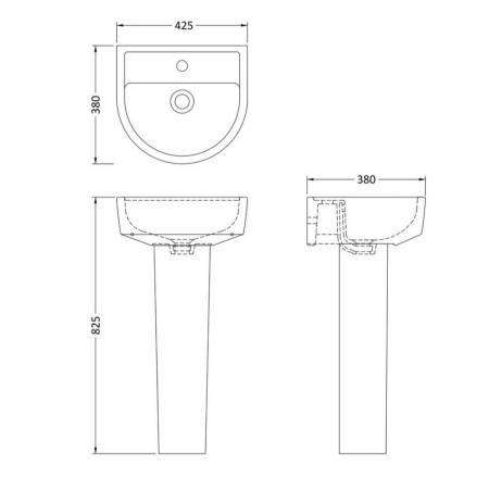 CMA002 Hudson Reed Luna 420mm Basin & Full Pedestal Line Drawing