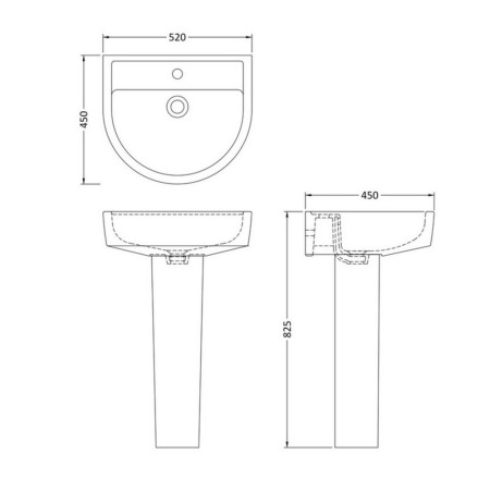 CMA003 Hudson Reed Luna 520mm Basin & Full Pedestal Line Drawing