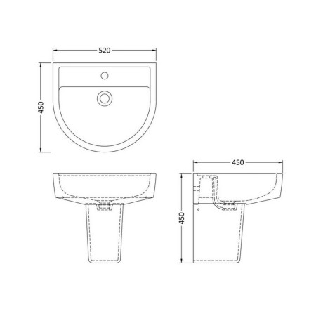 CMA005 Hudson Reed Luna 520mm Basin & Semi Pedestal Dimensions