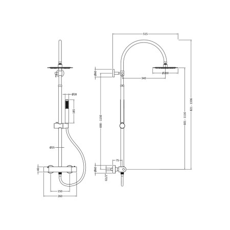 A3530 Hudson Reed Luxury Round Brass Thermostatic Shower Kit Line Drawing