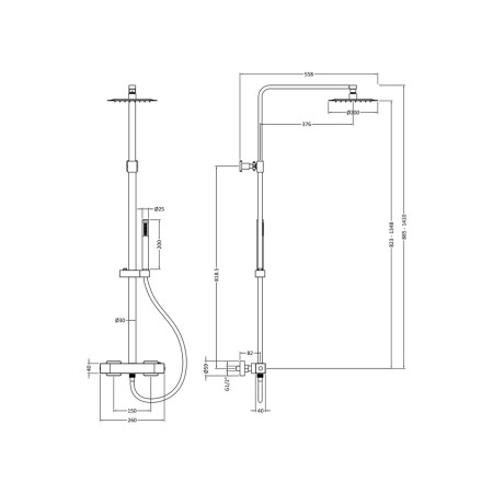 A3531 Hudson Reed Luxury Square Brass Thermostatic Shower Kit Line Drawing
