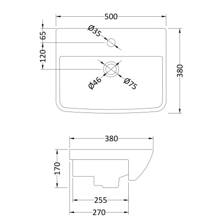 SRB005 Hudson Reed Lynx 500mm Semi Recessed Basin 1TH Line Drawing