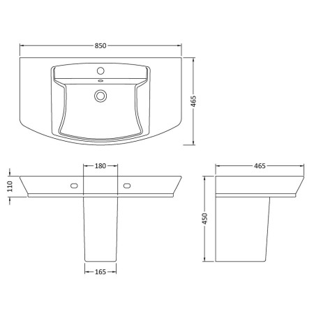 CCL007 Hudson Reed Maya 850mm Basin & Semi Pedestal Dimensions