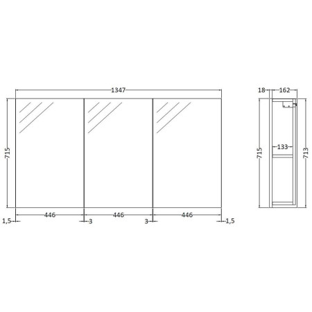 QUA013 Hudson Reed Modular Quartet 1350mm Mirror Cabinet in Gloss Grey Mist Line Drawing