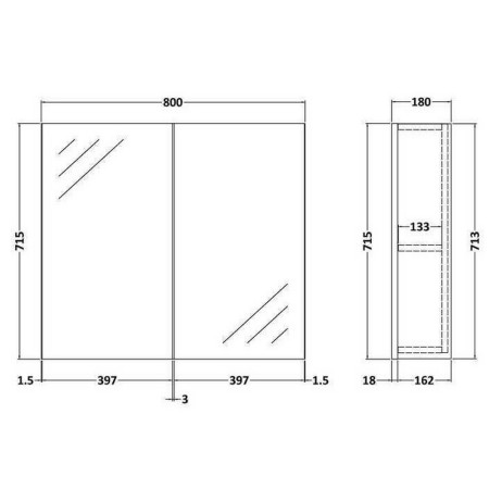 OFG417 Hudson Reed Modular Quartet 600mm Mirror Cabinet in Gloss Grey Mist Line Drawing