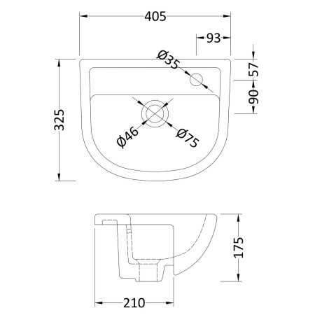 SRB002 Hudson Reed Oculus Compact 400mm Semi Recessed Basin 1TH Line Drawing