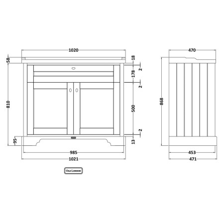 LOF837 Hudson Reed Old London 1000mm Cabinet and Ceramic Basin 3TH Hunter Green Line Drawing