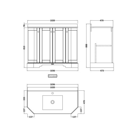 Hudson Reed Old London 1000mm Grey Angled Basin Unit with 1TH White Marble Top Line Drawing