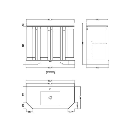 Hudson Reed Old London 1000mm Grey Angled Basin Unit with 1TH White Marble Top Line Drawing